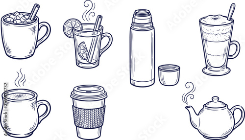 Hand Drawn Hot Winter Drinks Coffee Tea Cocoa Illustration Set