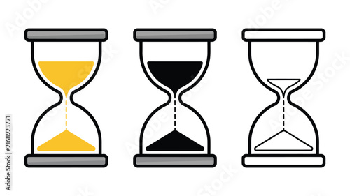 hourglass sand timer icon set, time management symbols in line, silhouette and color vector styles for productivity and scheduling