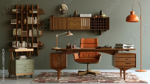 Vintage Retro Office Interior with Desk, Storage Rack, Cart and Lamp