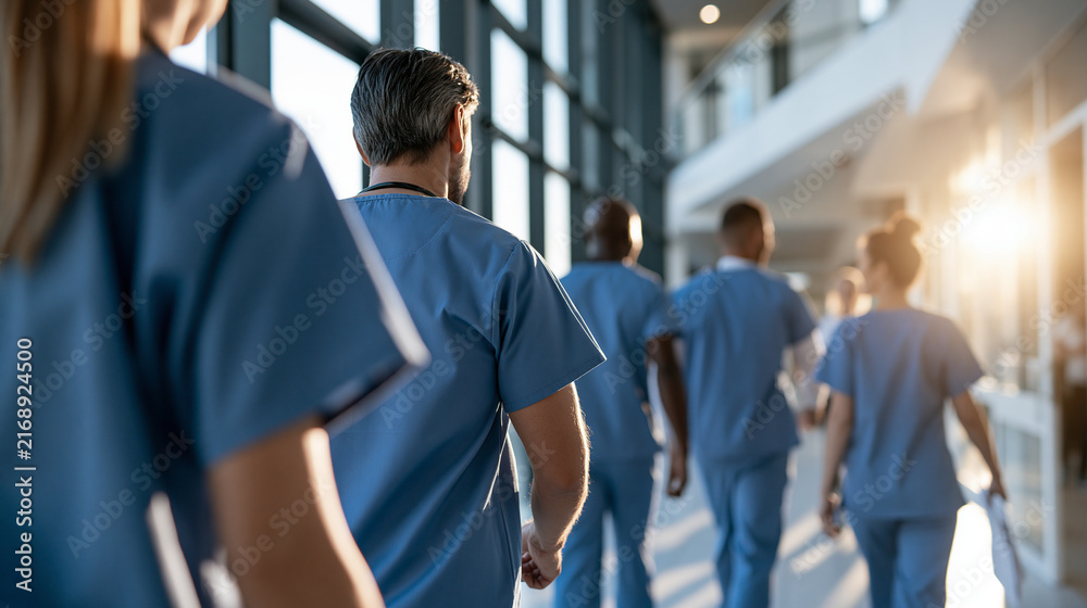 Fototapeta premium Diverse medical team in blue scrubs walking together through a bright modern hospital corridor rear view with the group moving away from camera natural daylight clean interior teamwork