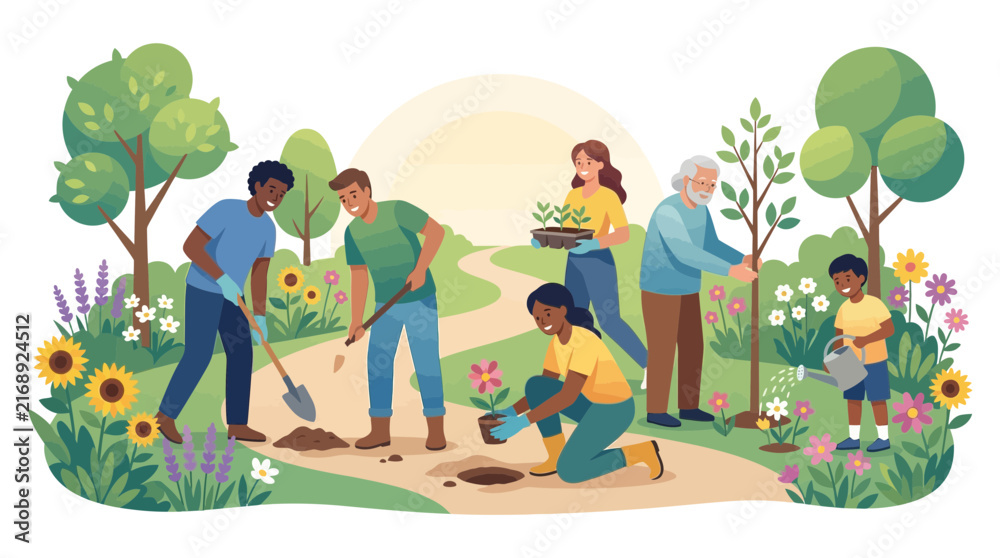 Naklejka premium Diverse group gardening and planting in a sunny public park