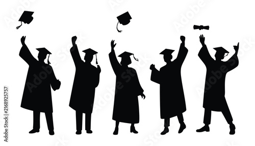 Graduation students silhouette set featuring celebrate graduates throwing mortarboard caps and holding diploma scroll vector graphics