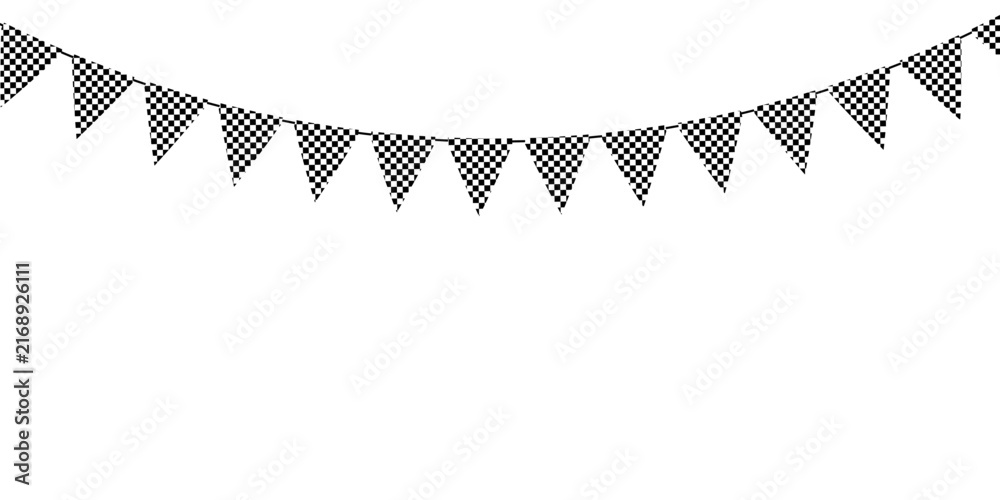 Fototapeta premium Single row of checkered pennant flags strung along one smooth deep curved line, ideal for garage sale signage, go kart birthday themes and simple racing banner design