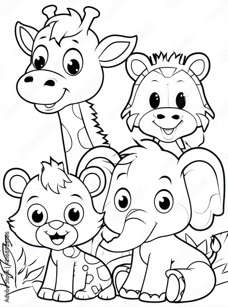 Naklejka premium Cute baby jungle animals coloring page for kids featuring friendly cartoon giraffe elephant lion cub zebra with bold outlines simple black and white line art illustration for children book
