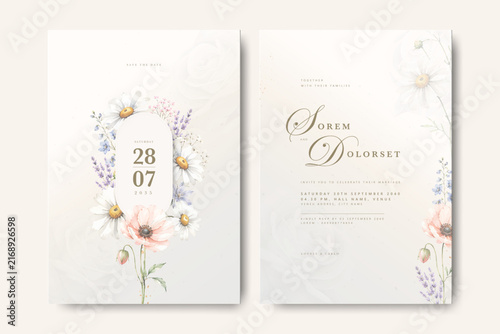 beautiful wedding invitation card set with floral watercolor