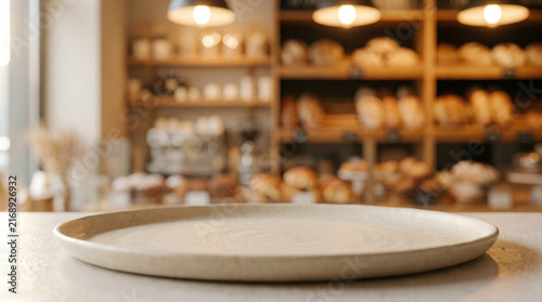 Empty ceramic round plate mock up on counter with blurred bakery background and warm lights with copy space