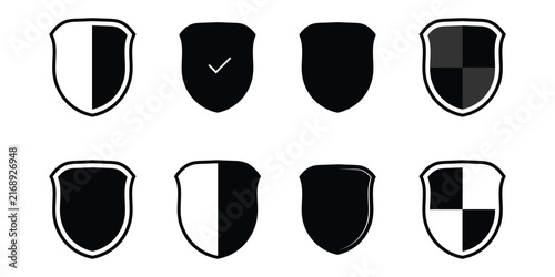 Modern isolated shield icon set on white background. Vector safety label icons set on white background. Isolated safety check element set on white page. EPS 10. 