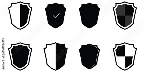 Modern isolated shield icon set on white background. Vector safety label icons set on white background. Isolated safety check element set on white page. EPS 10. 