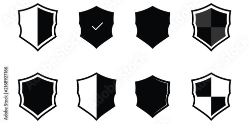Isolated safety check element set on white page. Modern isolated shield icon set on white background. Vector safety label icons set on white background. EPS 10. 