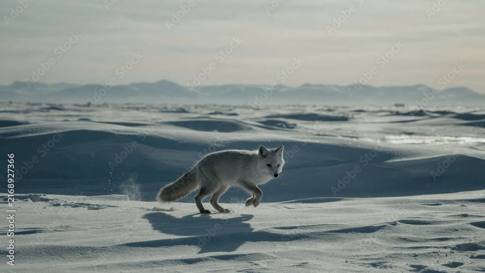 Fototapeta premium Arctic fox running across a vast frozen tundra landscape.