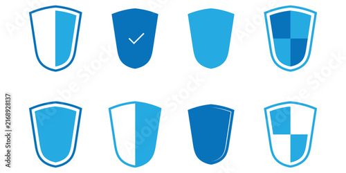 Blue check mark icon set on white background. Logotype shield badge vector icon sets. Vignetting care pictogram safe sets. Mark label security check icon set on white background. EPS 10. 