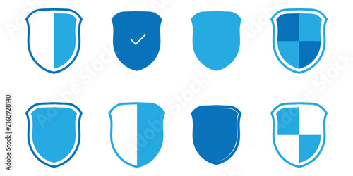Blue check mark icon set on white background. Logotype shield badge vector icon sets. Vignetting care pictogram safe sets. Mark label security check icon set on white background. EPS 10. 