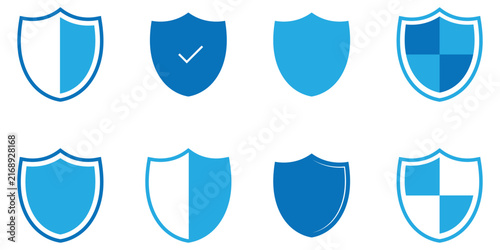 Blue check mark icon set on white background. Logotype shield badge vector icon sets. Vignetting care pictogram safe sets. Mark label security check icon set on white background. EPS 10. 