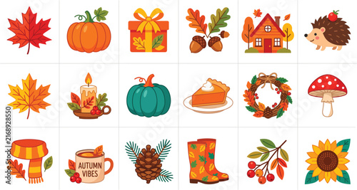 A vibrant and festive assortment of thanksgiving vector graphics featuring classic fall elements such as maple leaves pumpkins presents and heartwarming scenes for