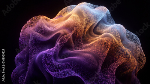 An abstract 3D digital artwork featuring a wave-like structure composed of millions of tiny particles with a vibrant purple and orange gradient on black.