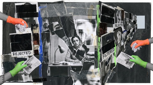 Office worker surrounded by photographs stamped rejected and filtered