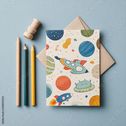 Creative space-themed stationery with colorful illustrations of rockets and planets on a blue background