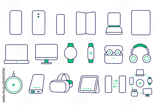 Smart Devices and Consumer Electronics Line Icon Set with Smartphone, Laptop, Wearables and Robot