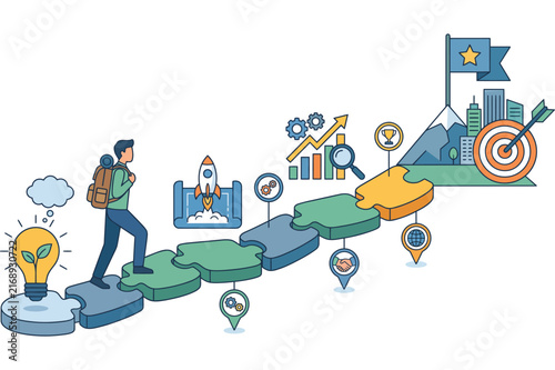 Business Growth Journey Path, Hiker Walking Towards Success Goal, Rocket, Chart, Growth, Urban City Strategy, Concepts