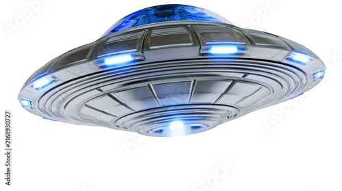 Classic saucer shaped UFO spacecraft isolated on white background with glowing blue lights