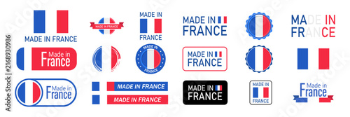 Made in France product origin labels and badges collection with national flag colors