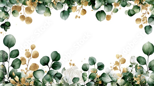 Green and gold leaf-shaped confetti scattered on white background