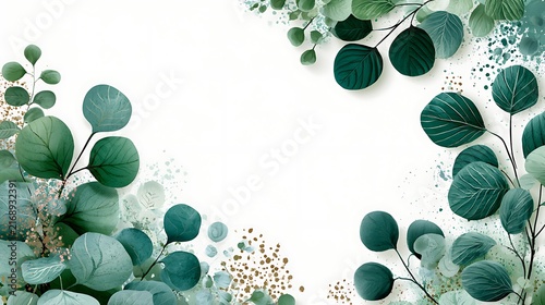 Green eucalyptus leaves with water droplets and scattered seeds, flat lay