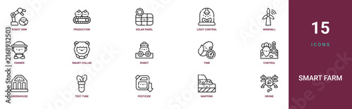 Set of 15 outline web Smart Farm icons such as drone, mapping, pesticide, test tube, greenhouse, control, time vector icons for report, presentation, diagram, web design, mobile app