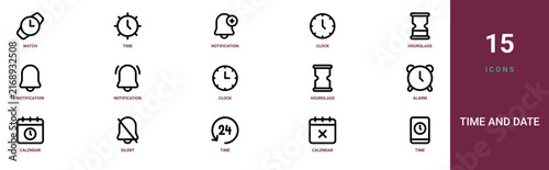 Set of 15 outline web Time and Date icons such as time, calendar, time, silent, calendar, alarm, hourglass vector icons for report, presentation, diagram, web design, mobile app