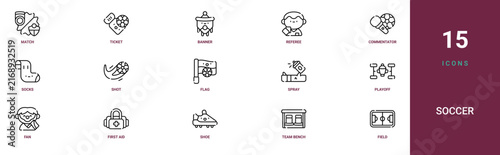 Set of 15 outline web Soccer icons such as field, team bench, shoe, first aid kit, fan, playoff, spray vector icons for report, presentation, diagram, web design, mobile app