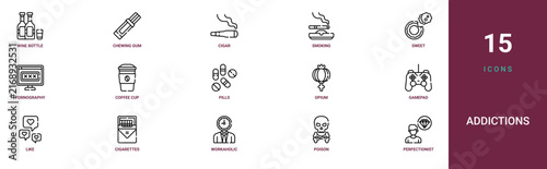 Set of 15 outline web Addictions icons such as perfectionist, poison, workaholic, cigarettes, like, gamepad, opium vector icons for report, presentation, diagram, web design, mobile app