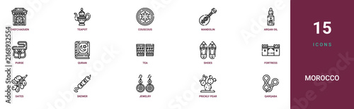 Set of 15 outline web Morocco icons such as qarqaba, prickly pear, jewelry, skewer, dates, fortress, shoes vector icons for report, presentation, diagram, web design, mobile app