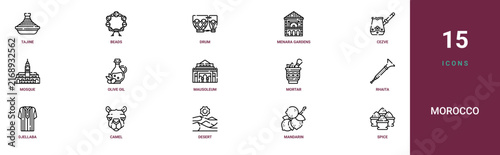 Set of 15 outline web Morocco icons such as spice, mandarin, desert, camel, djellaba, rhaita, mortar vector icons for report, presentation, diagram, web design, mobile app