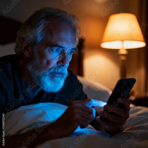An old man in bed, face lit by his phone's blue glow at night.