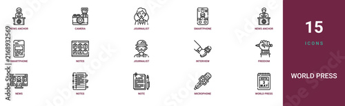Set of 15 outline web World Press icons such as world press freedom date, microphone, note, notes, news, freedom, interview vector icons for report, presentation, diagram, web design, mobile app