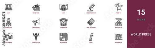 Set of 15 outline web World Press icons such as newspaper, quill, newspaper, fountain pen, tv camera, press pass, tape recorder vector icons for report, presentation, diagram, web design, mobile app