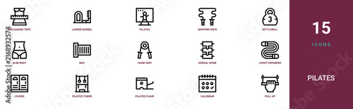 Set of 15 outline web Pilates icons such as pull up, calendar, pilates chair, pilates tower, locker, chest expander, dorsal spine vector icons for report, presentation, diagram, web design, mobile