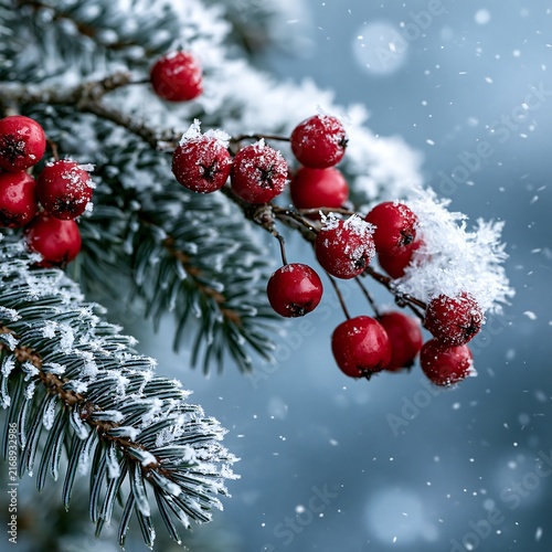 Winter branch with red hawthorn berries and fresh snow cold season image
