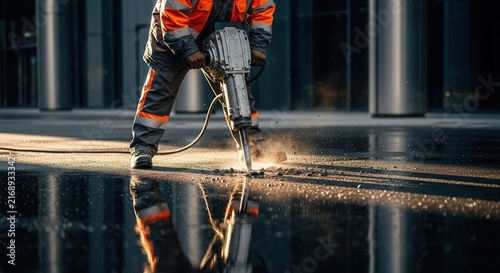 Construction Worker Using Heavy Duty Jackhammer For Concrete Demolition