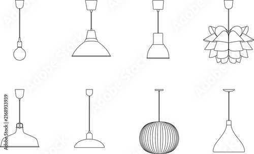 Pendant light and hanging lamp collection, interior lighting design, blueprint, elevation, line art, editable stroke, vector