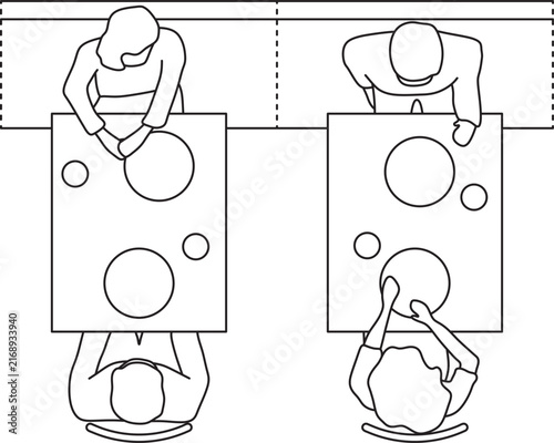 Dining layout, people seated, top view, blueprint, line art, floor plan, architectural element, cafeteria, interior design, restaurant, editable stroke, vector
