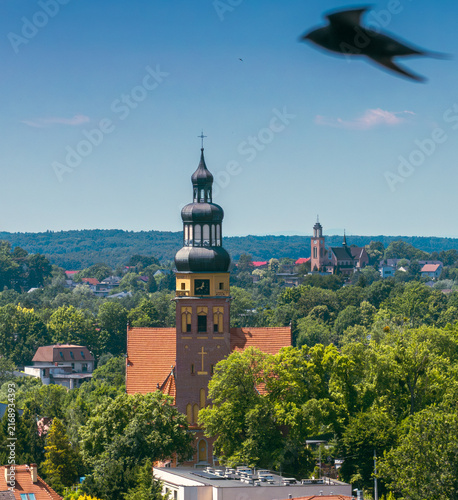 Fotografie Beautiful market square with colorful historic townhouses in Wodzislaw Slaski, Upper Silesia, Poland