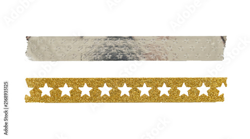 Metallic silver and shimmering gold washi tape strips featuring cute star patterns displayed isolated as decorative craft elements on transparent background
