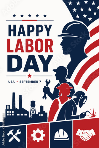 Фотография Happy labor day vector poster design featuring worker silhouettes and american f