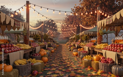 Cozy Autumn Harvest Market String Lights Fresh Produce Landscape Picture
