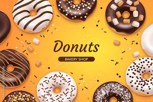 Banner for bakery shop with white and black chocolate donuts sprinkles sugar glaze, marshmallows and chopped nuts. Fast food isolated on the orange background. Realistic style. 