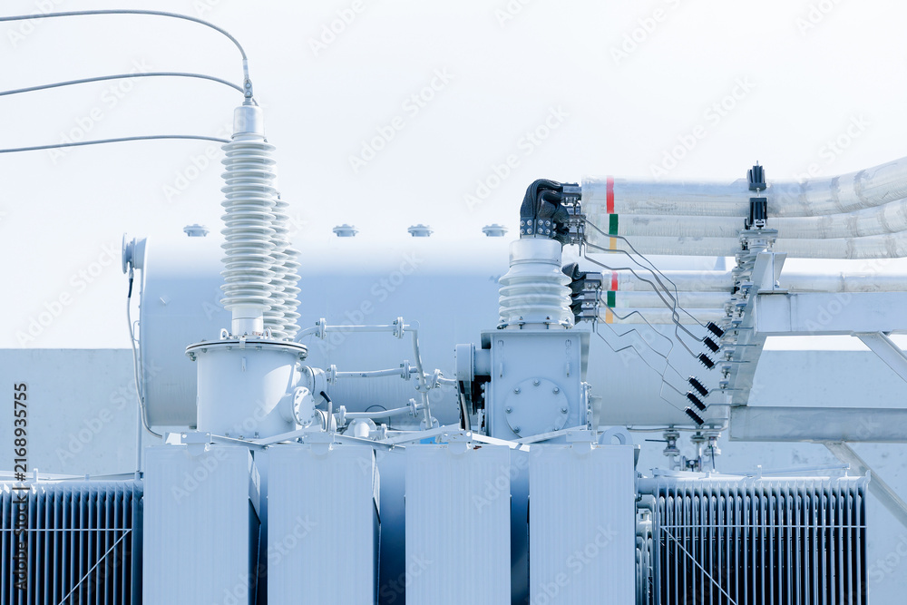 Fototapeta premium High voltage transformer components mounted on substation