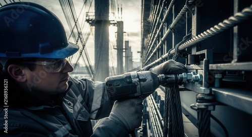 Construction Worker Tightening Bolts With A Power Tool On A Bridge Structure
