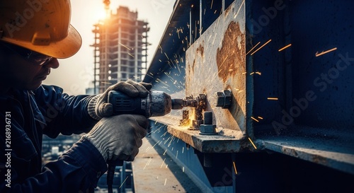 Construction Worker Tightening Metal Bolts With A Power Tool