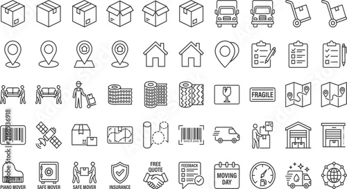 Moving Service line editable icon set. Contain icons relaed to Moving house services, packing, loaders, office moving, freight transportation, and more.  Editable stroke. Vector illustration
